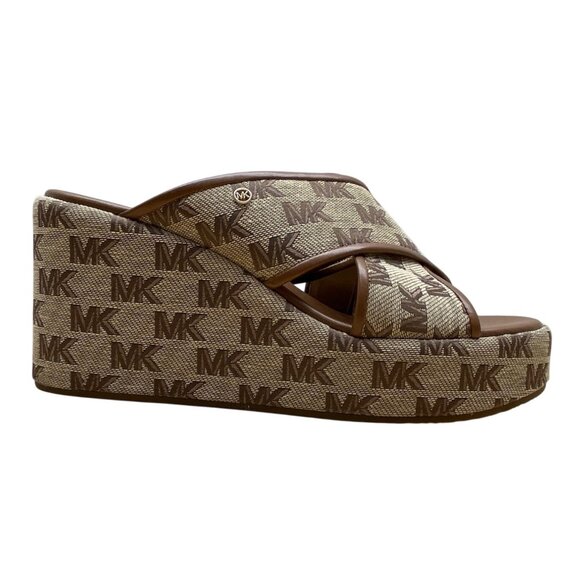 Michael Kors Women’s Brown MK Monogram Canvas Slip-On Wedge Sandals Size 9.5M - Picture 1 of 9